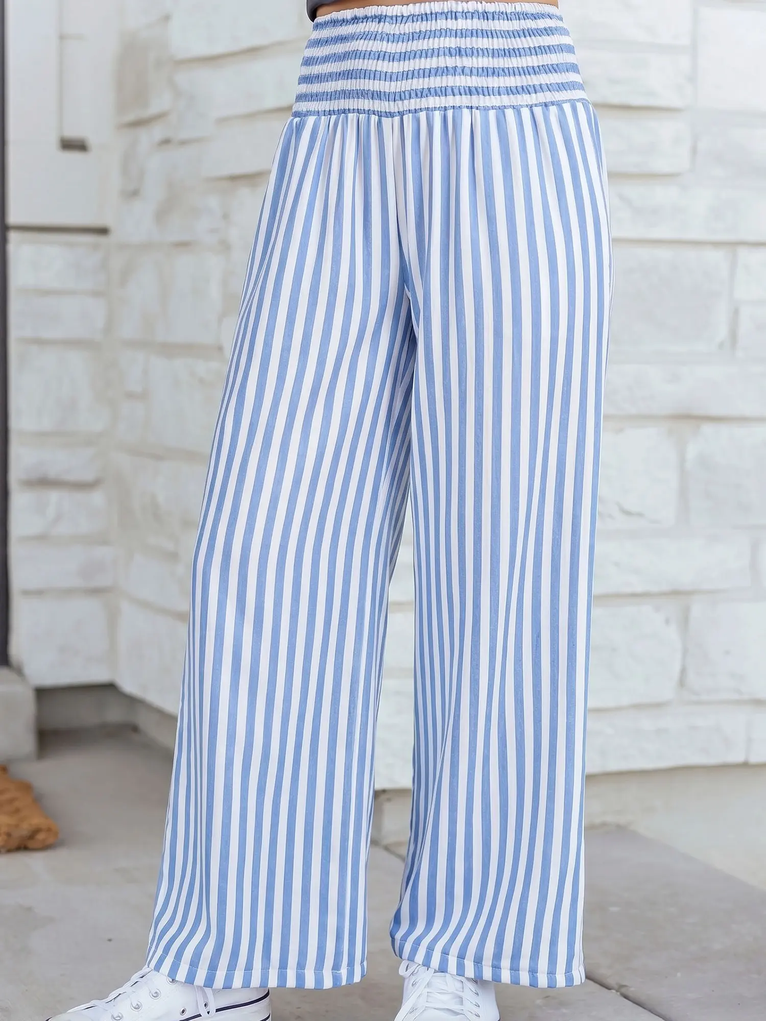 Women Casual Striped Wide Leg Pants Smocked High Waist Flowy Trousers Relaxed Fit Everyday Apparel