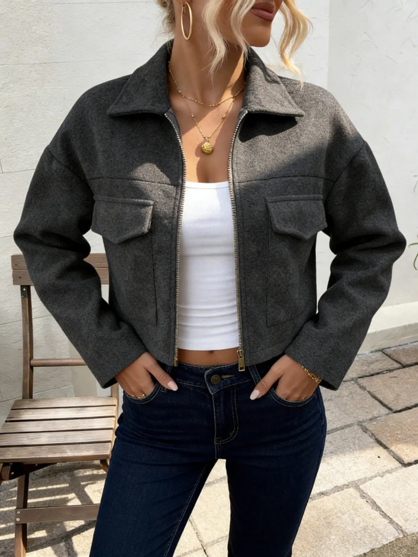 Women's Cropped Wool Blend Long Sleeve Jacket Coats, oversized fit with turn-down collar, zip-front closure and flap pockets. Warm, stylish outerwear ideal for casual daily wear and fall/winter outfits, dark heather gray