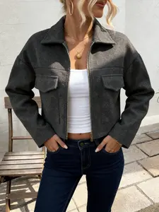 Women's Cropped Wool Blend Jacket, oversized fit with turn-down collar, zip-front closure and flap pockets. Warm, stylish outerwear ideal for casual daily wear and fall/winter outfits, dark heather gray