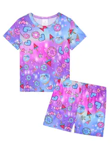 Girls Round Neck Short Sleeve Shorts Pajama Set, Donut Watermelon Print, Casual Soft Comfortable Homewear, Fitted Style