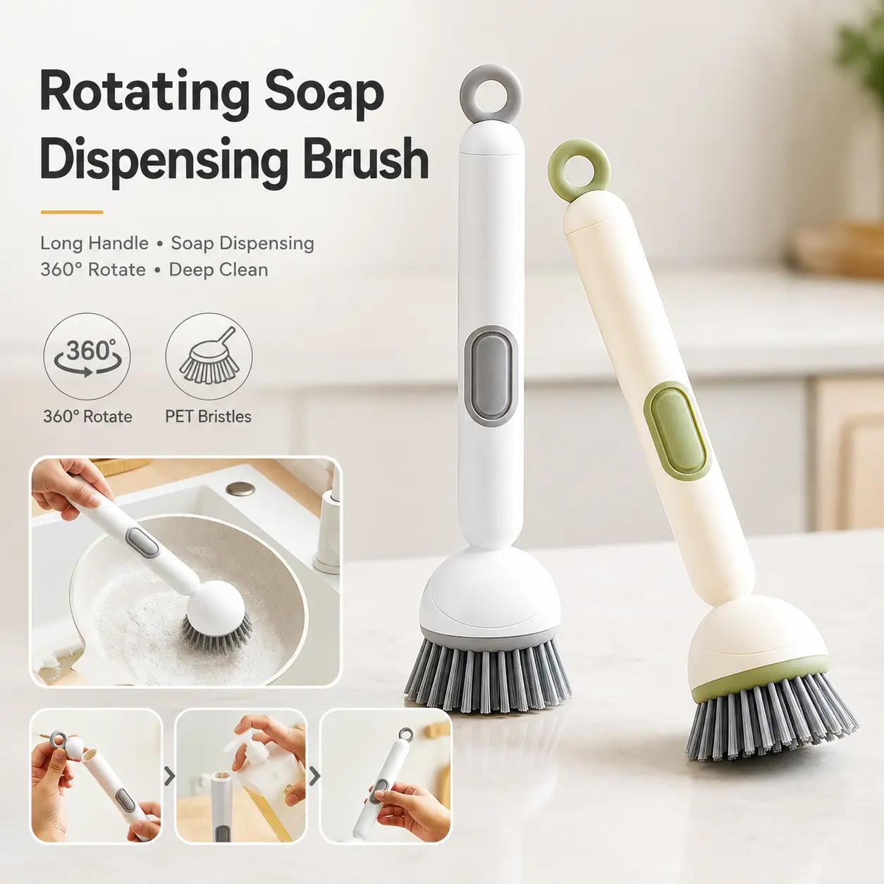 【Back to School】6-in-1 ABS Dish Brush with Soap/Detergent Dispenser, Adjustable Angle, Rotatable Scrub Function, Wall Mount - Includes Scouring Pad, Ideal for Sink, Pots, Pans Kitchen Cleaning - MM2