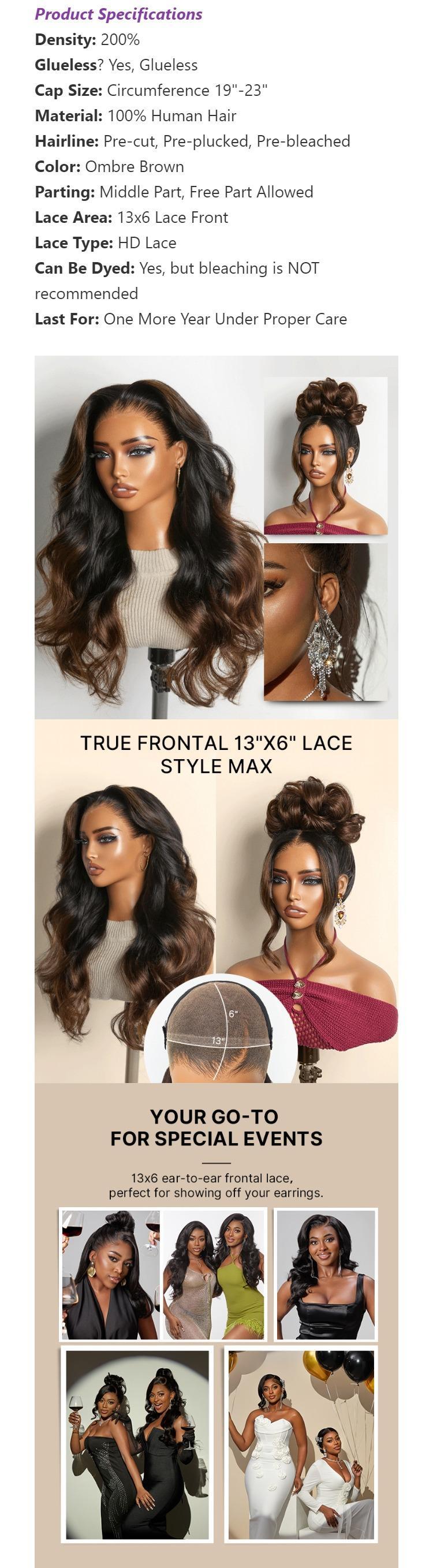 LUVME NatureMAX™ 200% Density Ombre Brown Loose Wave Glueless 13x6 HD Lace Front Wig Human Hair Pre-Cut Lace Flexi-Fit Drawstring Cap