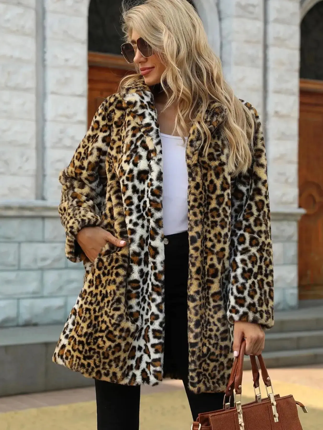 Women's Leopard Print Long Sleeve Faux Fur Fitted Coat Streetwear Style, Jackets, 1 Count Casual Open Front Outerwear for Fall & Winter, Clothes Women, Clothing for Daily Wear, Fashionable Layer Look, Easy Fit, Go To