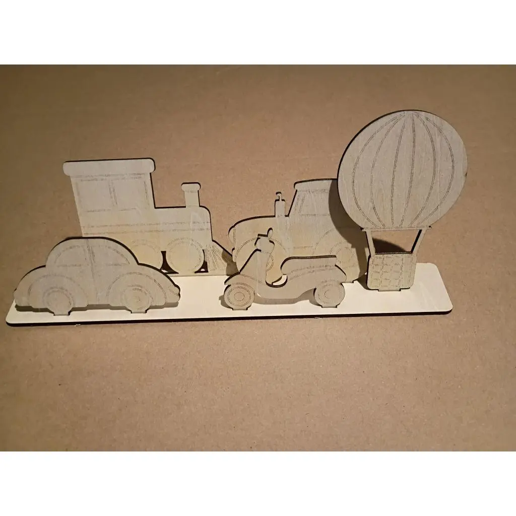 Wooden Vehicle Set - Includes Train, Car, Scooter, and Hot Air Balloon - Perfect for Kids' Playtime and Decor