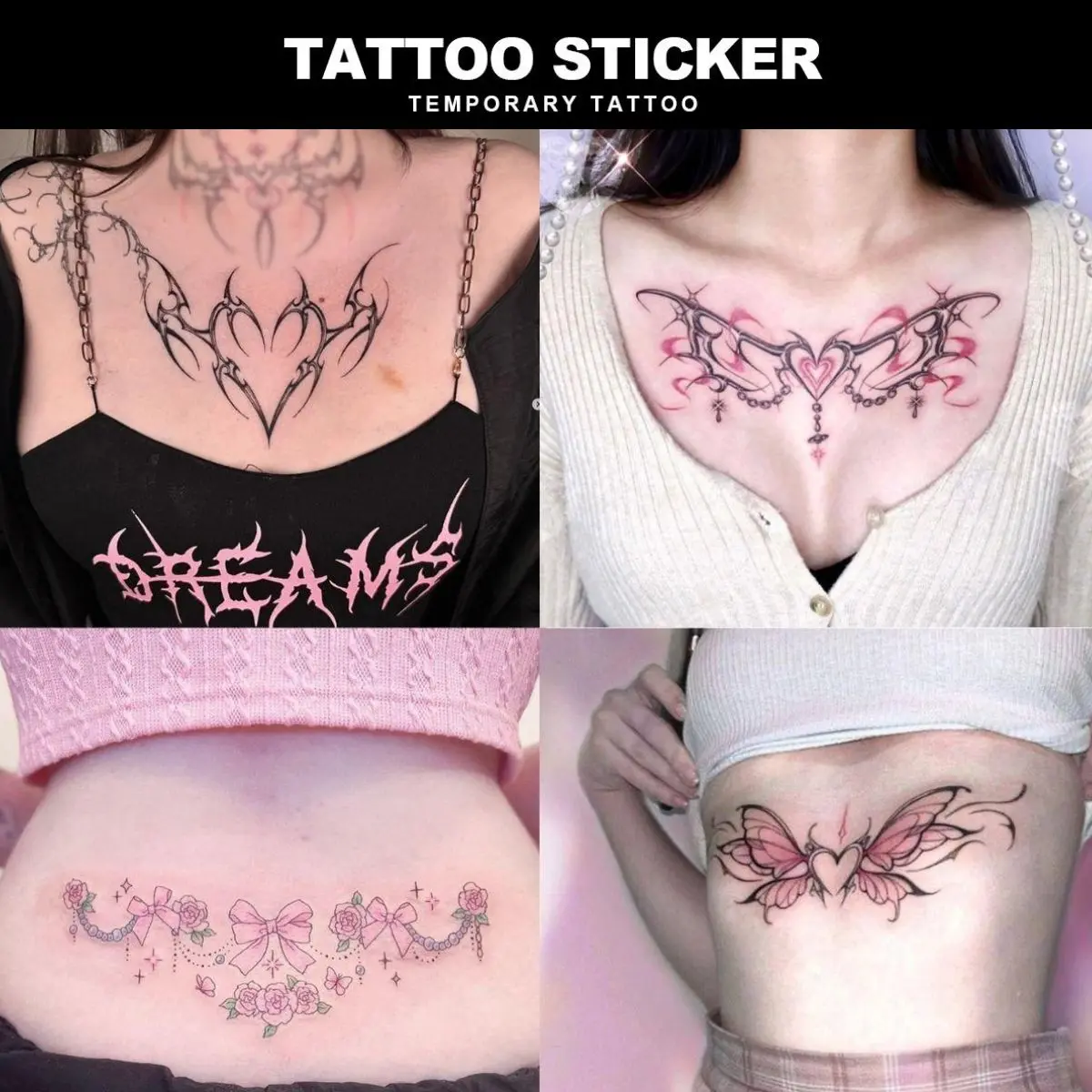 4PCS Y2K Temporary Tattoo Fairy Wing Series Fake Tattoo Stickers, 4 Sheets Pack, Semi-Permanent Durable Waterproof, Realistic Look For Men Women, Perfect For Beach Swimming Party Body Art - Temporary Tattoos