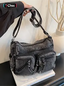 Large capacity washed denim fabric for vintage fashion, versatile shoulder bag with multiple pockets, simple crossbody bag, workwear style, multi-layer storage pocket, motorcycle bag, suitable for work, shopping, outdoor sports, Denim Shoulder Satchel