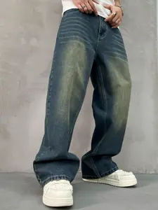 Men's Vintage Washed Loose Fit Plain Classic Jeans, Wide Leg Street Style Casual Denim Jeans, All Season Fashionable Versatile Trousers, Streetwear