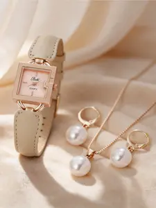 Women’s Elegant Quartz Watch with Leather Strap & Pearl Pendant Set, Analog Display, All-Season Wear, Perfect Daily Accessory