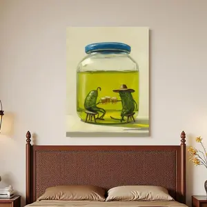 Framed Canvas 2D Flat, 1pc/2d Flat Pickle Party Pair Posters & Prints Package Style Wooden Frame, Canvas Artworks, Summer Room Decor, Home Wall Decor. Suitable for Bedrooms, Schools, Kitchens, Living Room, Families, Parties. Labor Day, Halloween Deco