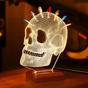 Light Up Skull Guitar Pick Holder, Acrylic Pick Display with Wooden Base, LED Pick Storage Stand, Perfect Gift for Guitar Players & Guitarists