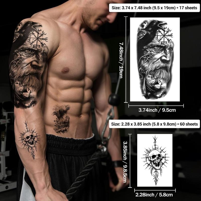77 Sheets Viking Temporary Tattoos Adult Kids, Viking Pirate Tribal Totem Fake Tattoos Stickers, Nordic Norse Celtic Half Arm Sleeve Tattoos Body Art for Women Men