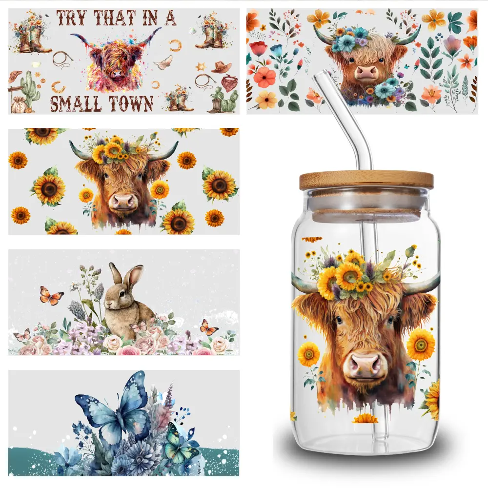 5 Pcs Sunflower Cow UV DTF Stickers - Waterproof Heat Transfer Paper, Easy-to-Use Craft Rub-On Transfers, Assorted Sizes for 16 oz Tumblers, Mug Decor - Home Decor Gift
