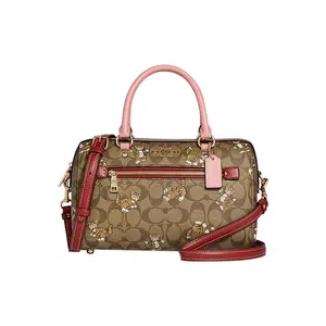 COACH Rowan 27 Large Multi-Compartment Zip Top Handle, Shoulder, and Crossbody Bag for Women in Khaki Coated Canvas and Smooth Leather