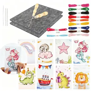 Embroidery Felt Poke Set  - embroidery pictures, pads, felt needles, big eye needles, bead needles and 12 color embroidery ropes, needle punched gifts