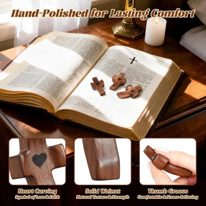 3/6/20Pcs Wooden Cross Bulk Worry Cross Handcrafted Solid Walnut Pocket Cross My Heart Prayer Stress Relief Christian Faith Encouragement Pocket Prayer Gifts for Church Easter Religious Sharing