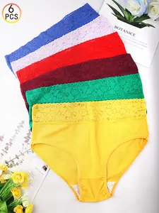 Women's Ribbed Cotton Panties Set of 6, Comfortable Breathable Fabric with Lace Belt Design, Casual Fitted Underwear for All Seasons