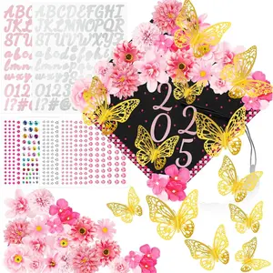 Graduation Cap Decorations Kits Faux Flower 3D Butterfly Rhinestones Glitter Alphabet Letter Sticker Pink Flower DIY Graduation Cap Decorations for Grad Cap Topper Graduation Party DIY Crafts