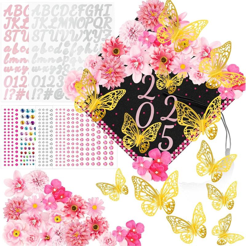 Graduation Cap Decorations Kits Faux Flower 3D Butterfly Rhinestones Glitter Alphabet Letter Sticker Pink Flower DIY Graduation Cap Decorations for Grad Cap Topper Graduation Party DIY Crafts
