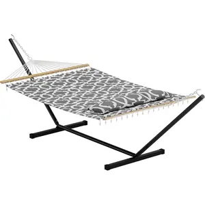 Light Gray 57" Double Hammock with Carry Bag, 2 Person Hammock with Heavy Duty Metal Stand, Cotton Fabric, Widening Design, 450 LBS Weight Capacity, Suitable for Indoor Outdoor