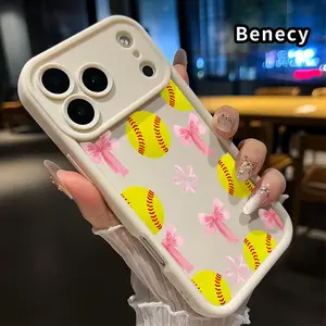 Softball Bow Dream Pattern TPU Phone Case for iPhone 17 Pro Max 16 15 14 Plus 13 12 Mini 11 XR X XS Air E Shockproof Non Slip Military-Grade Protection Silicone Cover Smartphone Casing