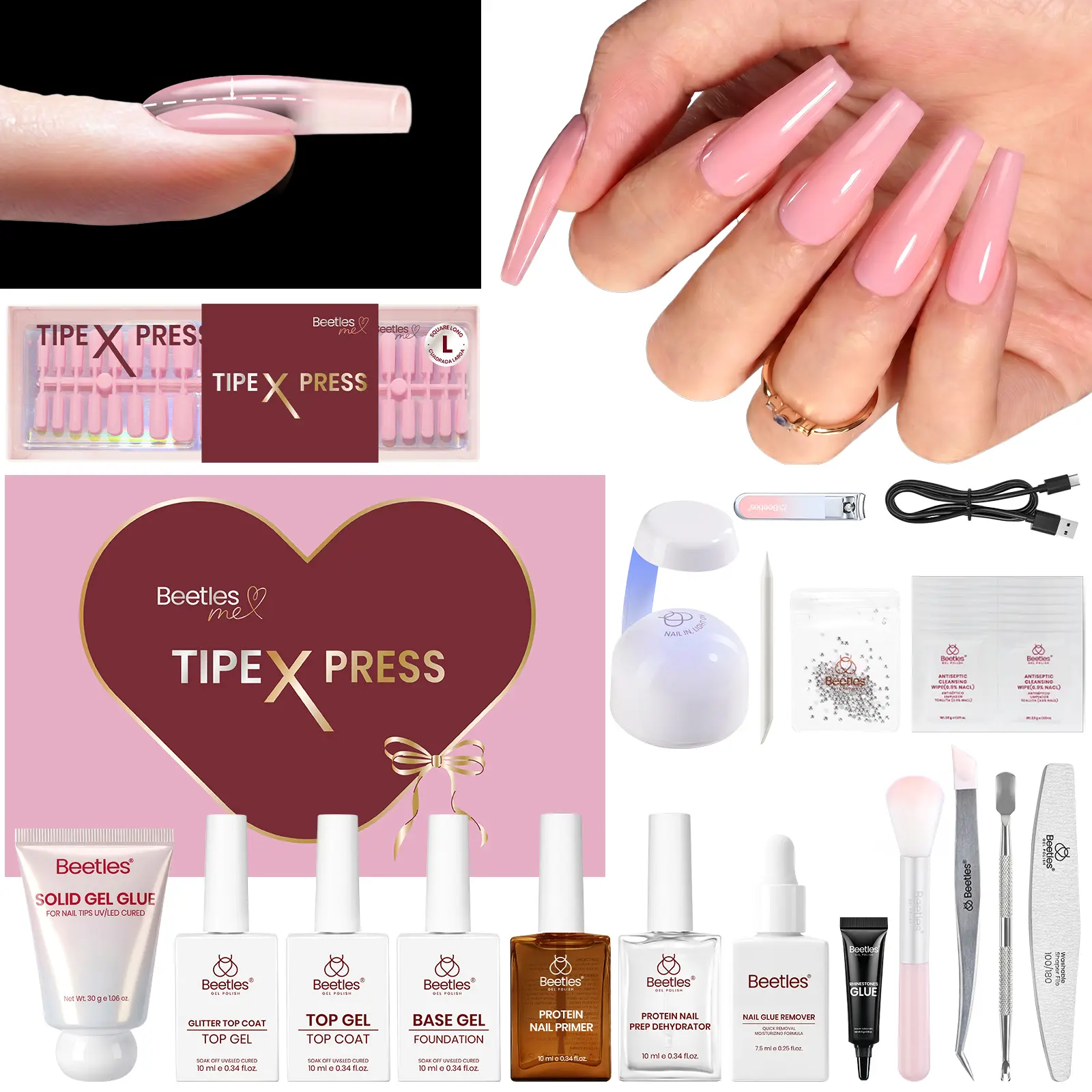 [Exclusive to TTS] Beetles Tipex Press On Nail Kit 160PCS 16 Sizes All-in-One Nailed It Kit with UV Lamp, Glue Gel & Tools Thick Strong Press On Nails with Built-In Apex for DIY Extensions Gift for Her summervibes