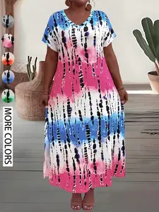 Cross-Border European and American Plus Size Women's Summer New Chic Casual Wear Long Dress, V-Neck Short Sleeve Loose Tie-Dye Print Dress