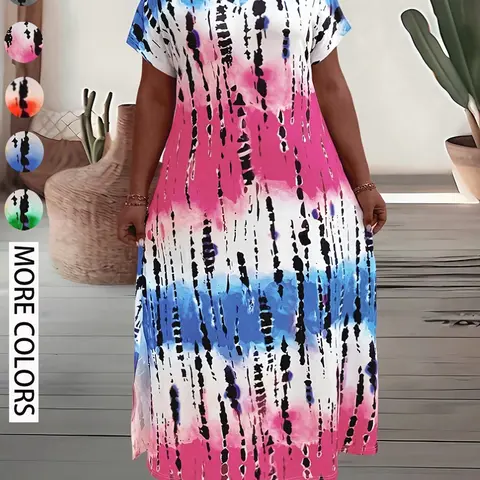 Cross-Border European & American Plus Size Women's Summer Long Dress Casual Dresses, New Chic V-Neck Short-Sleeve Loose Tie-Dye Print Style