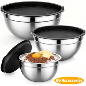 Stainless Steel 3-Piece Nesting Mixing Bowls Set with Lids, Graters, Whisk and Spoons - Stackable Kitchen Baking Essentials for Mixing, Grating, Serving