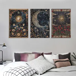 [3pcs Crescent Moon Canvas Art] Framed Wrapped Canvas3pcs/Set Crescent Moon And Botanical Design Canvas Wall Art s, Framed Wrapped Canvas Modern Artwork For Living Room Decor, Indoor Use, Floral And Celestial Theme Print Gift