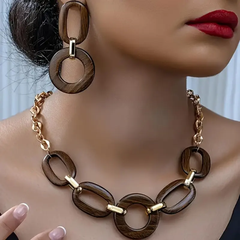 Wooden Geometric Design Dangle Earrings & Necklace, Retro Fashion Vintage Jewelry Set for Party, Daily Decor, Trendy All-match & Exquisite Jewelry for Gift, Necklaces Earrings Set Jewellery