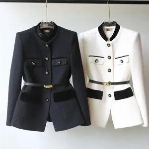 Women Blazer Coat New 2025 Autumn Long Sleeve Casual Single-breasted Elegant Office Waist Ladies Suit Coat Tops Female Outerwear Fashion Womenswear Black Jacket Korean Patchwork Plaid Sleeved