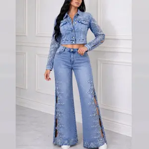 Luxury Embroidered Rhinestone Denim Set – Stretch Palazzo Jeans & Cropped Jacket