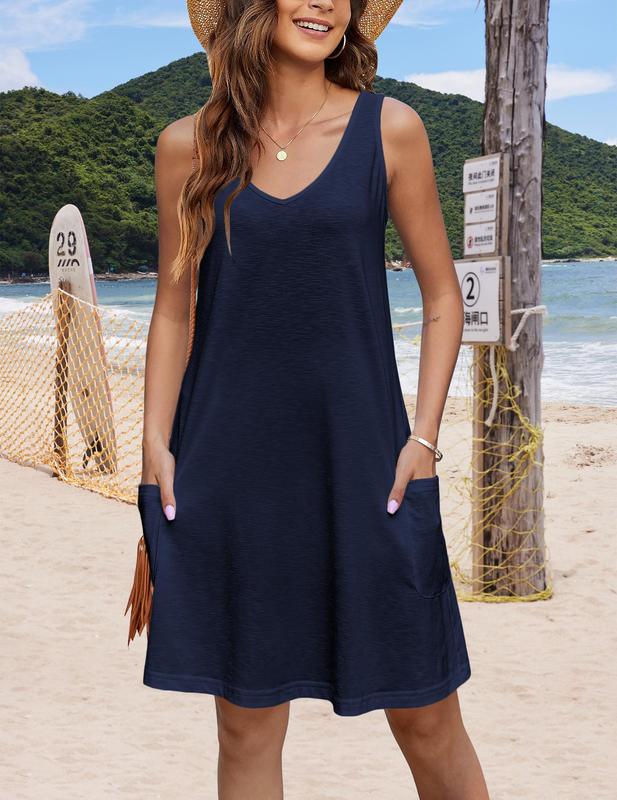 Women's Casual Sundress with Pockets Spring Summer Boho Beach Dress Floral T-Shirts Dress V Neck Loose Tank Dresses Flowy Swing A-Line Mini Dress Machine Washable Elegant Womenswear Thin Slightly translucent Sizes run small