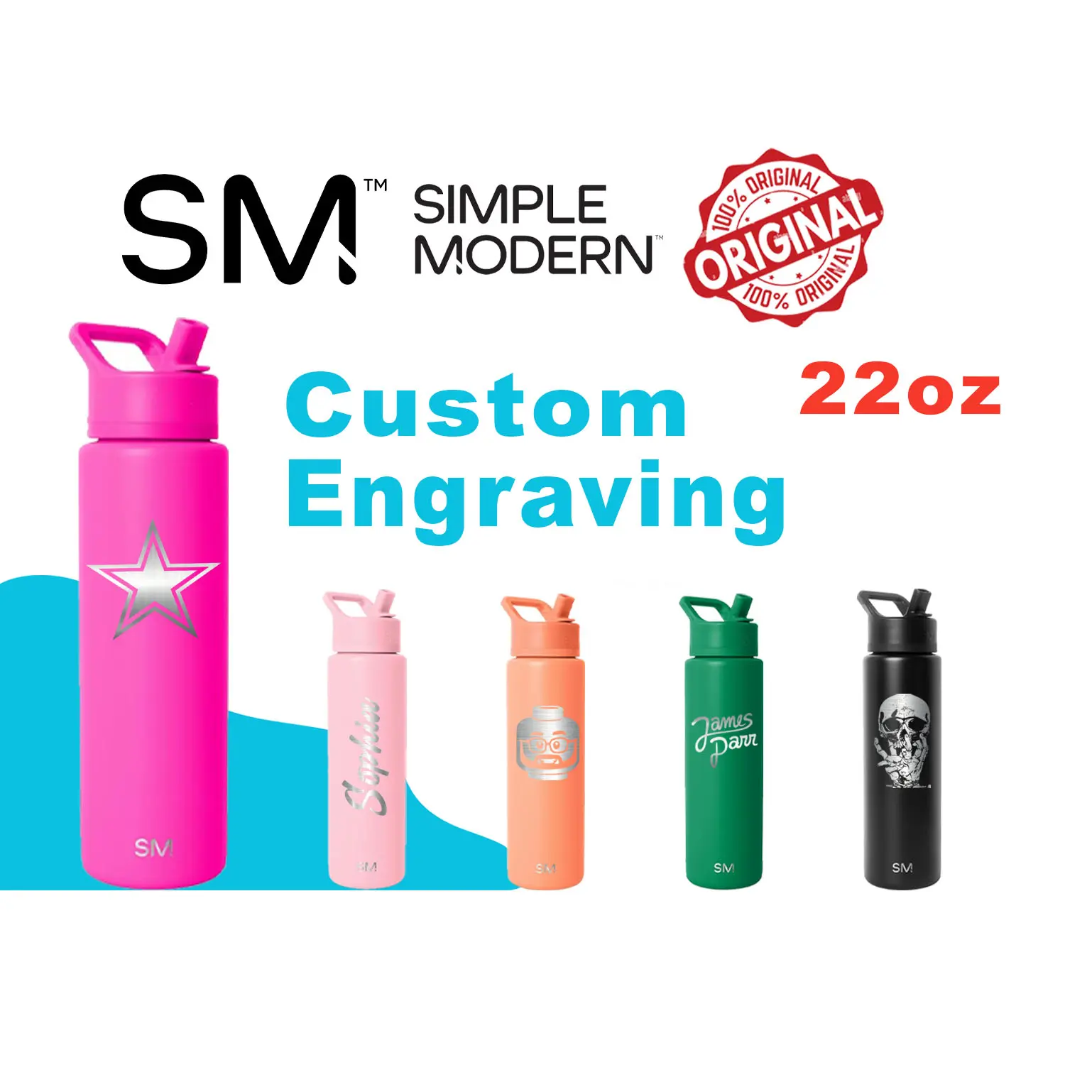 Personalized Simple Modern Water Bottle: Laser Engraved, 30oz Stainless Steel Bottle, Simple Modern Name and Logo Bottle