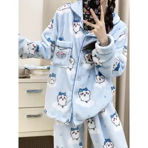 Cute Chiikawa Hachiware Pajamas Set Anime Cartoon  Flannel Sleepwear Pants Y2K Winter Warm Pajama Home Clothes Christmas Gift