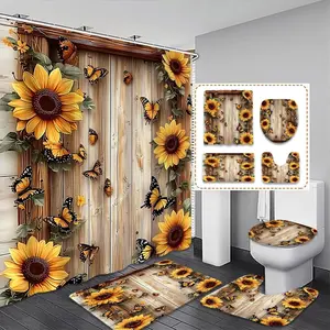 Creative Sunflower & Butterfly Bathroom Decor Set, Shower Curtain Sets, Includes Shower Curtain, Mat, Toilet Seat Cover, Waterproof, 12 Hooks, Christmas Gift