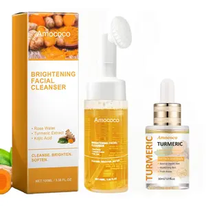 Amococo Turmeric Brightening Facial Cleanser & Essence Set - 100ml & 30ml - Rose Water, Kojic Acid - Moisturizing Skincare for Face & Body