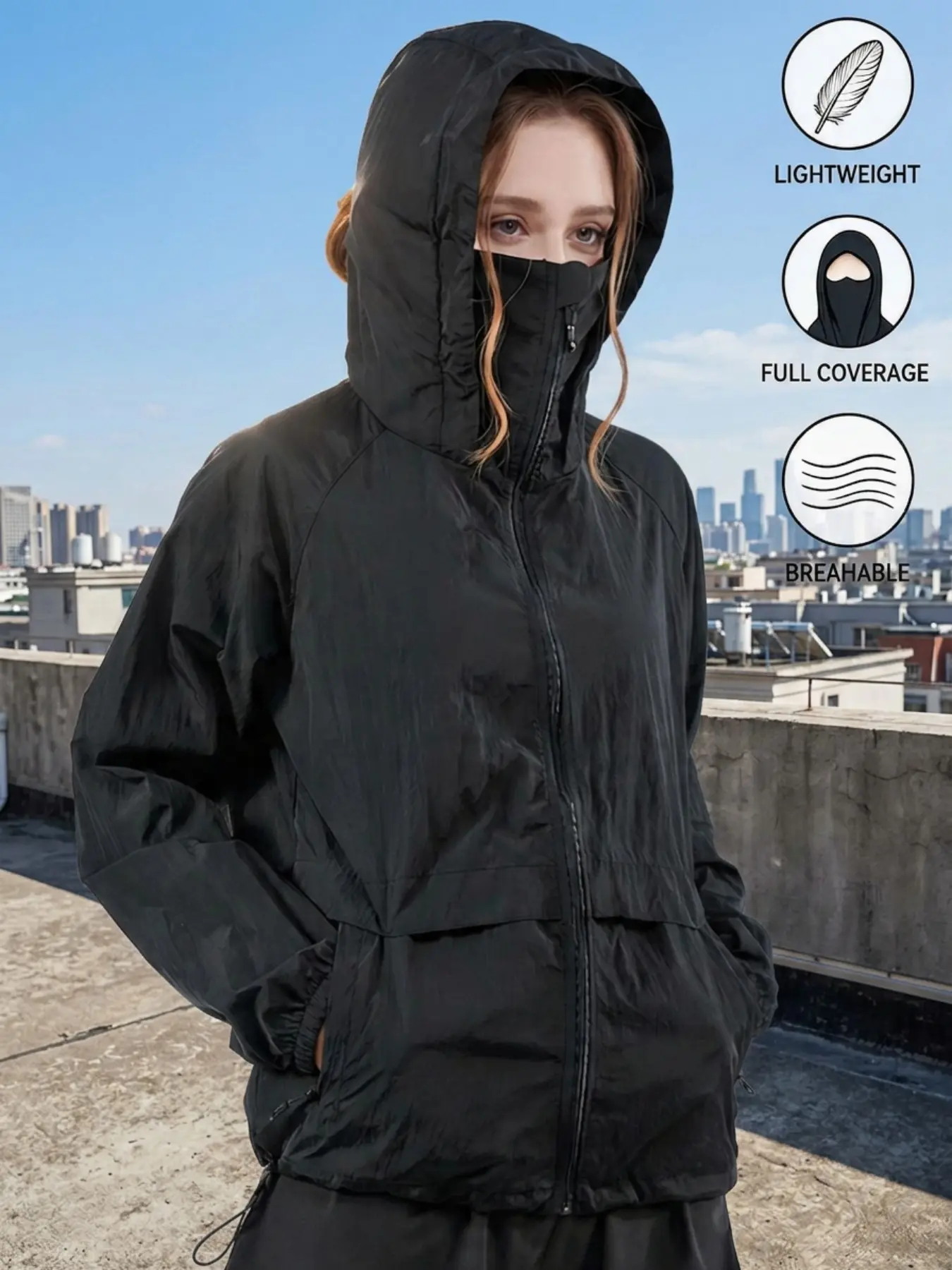Women's Summer Lightweight Foldable Hooded Sun Protection Jacket, Packable Outdoor Jacket, Nylon Breathable Skin Outerwear, Zipper Pockets, Outdoor Sports & Beach Shirt, Zippered Jacket, Sun Protective Clothing