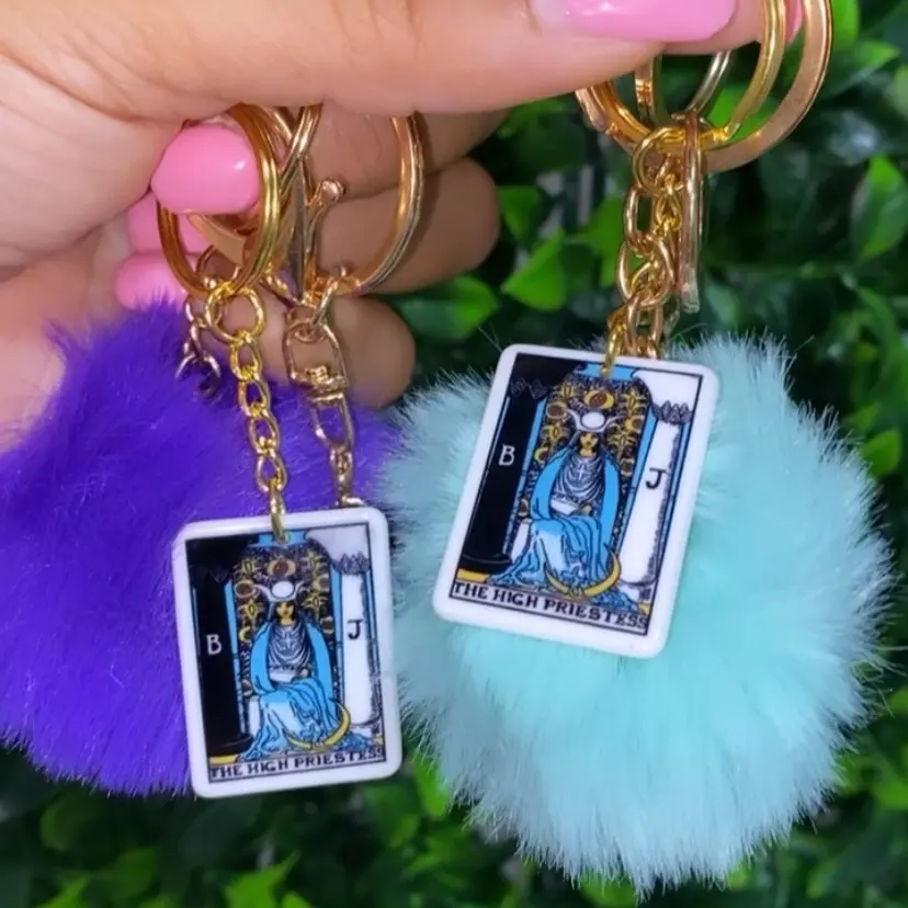 TAROT KEY CHAIN with Blue Apatite Crystal and Colored Puff Ball - Metal Coating Plastic for Fashion Accessories