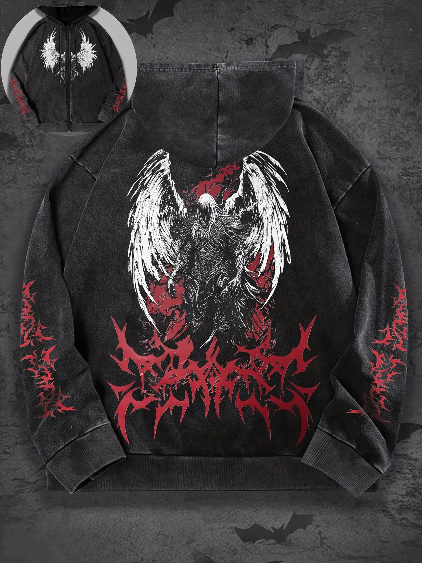 Men's Angel Wings Graphic Print Hooded Sweatshirt Jacket, Casual Fashion Sweatshirt, Casual Streetwear Sweatshirt, Casual Fitted Cotton Pullover, Fall & Winter Essential Outerwear, Casual Hoodie