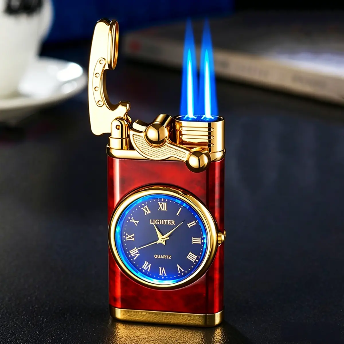 Creative Twin Flame Windproof Lighter, 2-In-1 Multi-Function Watch And Butane Lighter, Innovative Arm Ignition Design, Stylish Knob, Adjustable Flame Size, Makes An Ideal Gift.
