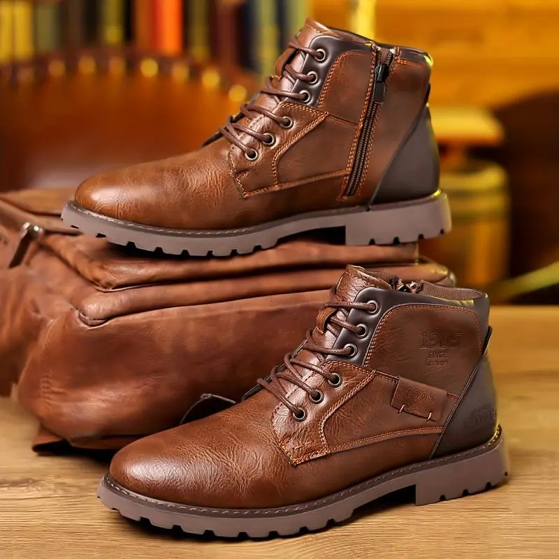 [Casual Walking Lace-up Boots] Men's Lace-up Boots, Casual Walking Shoes With Zippers, Service Boots Inspired Boots Boy Footwear