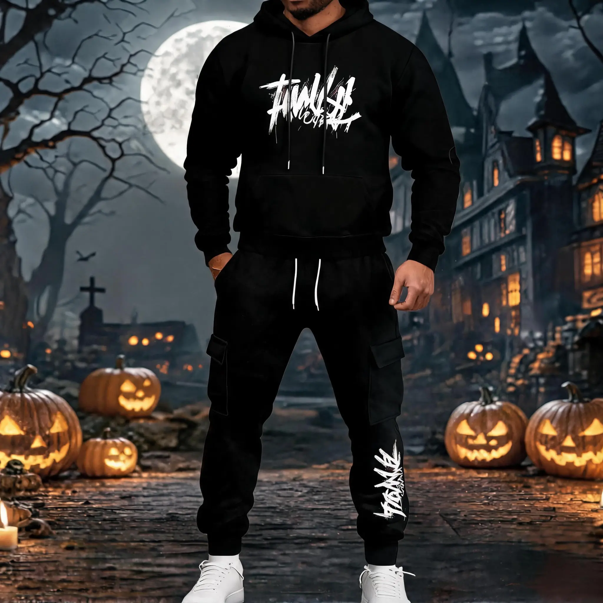 Mens 2 Piece Tracksuit Graffiti Letter Print Black Hoodie Sweatshirt Multi Pocket Cargo Jogger Pants Sweat Suit Casual Hip‑Hop Streetwear Fall Winter Men Halloween Outfit