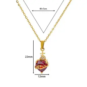 Pink Stone Gold Cupid Arrow Heart Pendant Crystal Necklace for Women Inlaid Diamonds Fashion Jewelry