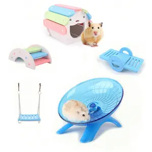 5 Piece Hamster Toy Set, Macaron Color Wheel, Wooden House, Swing, Teeter Totter, Arch Bridge, Fun Interactive Cage Accessories, Hamster Cage Habitat