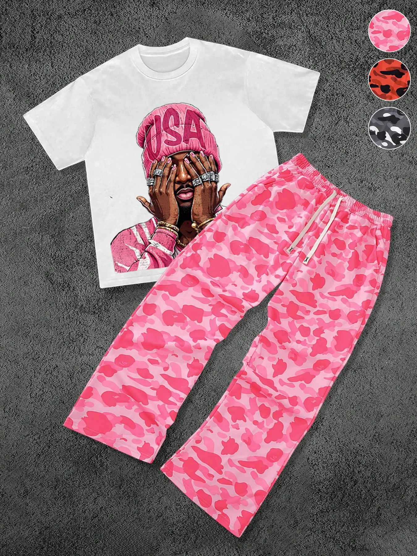 Men's Casual T-Shirt Set, Fun Character Graphic Short Sleeve Tee, Camouflage Wide Leg Pants, Street Trend Comfort Fashion Hip-Hop, Street Style, Menswear