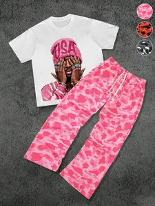 Men's Casual T-Shirt Set, Fun Character Graphic Short Sleeve Tee, Camouflage Wide Leg Pants, Street Trend Comfort Fashion Hip-Hop