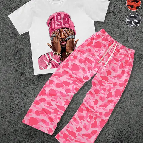 Men's Casual T-Shirt Set, Fun Character Graphic Short Sleeve Tee, Camouflage Wide Leg Pants, Street Trend Comfort Fashion Hip-Hop, Street Style, Clothes