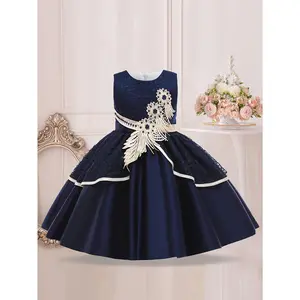 Kids Formal Princess Dress with Beaded Embellishments and Lace Bow for Girls Birthday Wedding