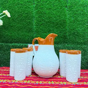 Relieve Pitcher Color Blanco Boca Café Set Glass.